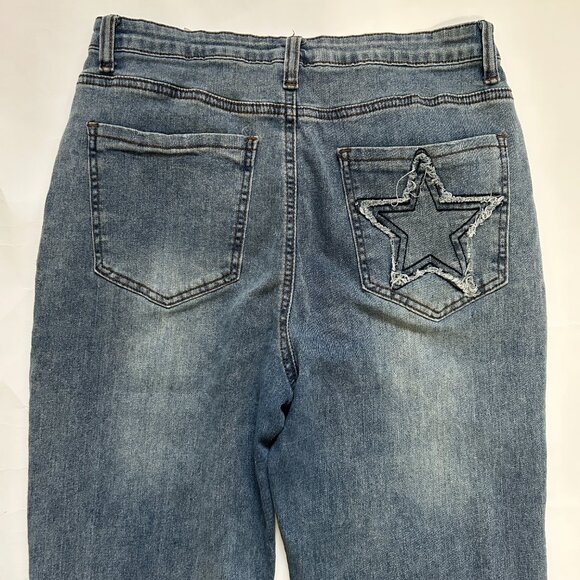 ROMWE Womens Blue Denim Jeans Embroidered Stars patchwork Size XL US 12 Casual - Picture 8 of 12